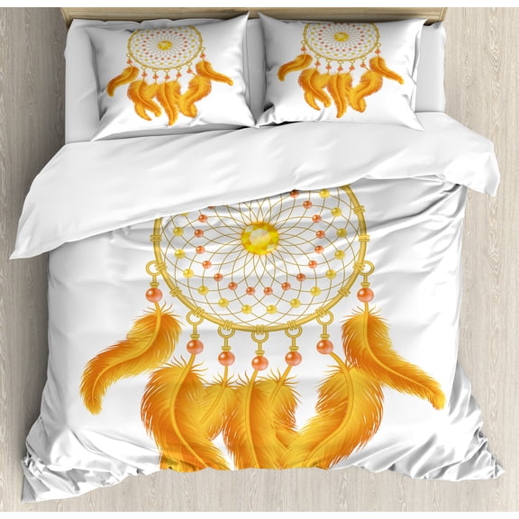 Aztec Duvet Cover Set, Graphic of Golden Yellow Dreamcatcher Native Indigenous Cultural Style, Decorative 3 Piece Bedding Set with 2 Pillow Shams, Calking Size, Marigold White, by Ambesonne