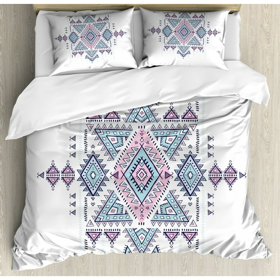 Aztec Duvet Cover Set Queen Size, Geometric Pattern Folk Style Tattoo Inspired Design, Decorative 3 Piece Bedding Set with 2 Pillow Shams, Baby Blue Pale Pink White Dark Violet Blue, by Ambesonne