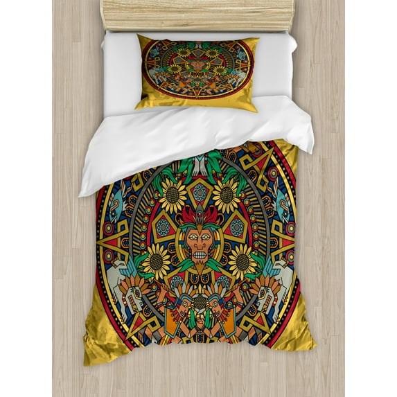 Aztec Duvet Cover Set Twin Size, Ancient Folklore Elements with Animals and Geometric Figures Colorful Historic Symbol, Decorative 2 Piece Bedding Set with 1 Pillow Sham, Multicolor, by Ambesonne