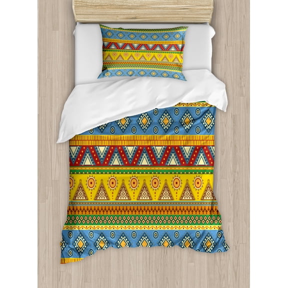 Aztec Duvet Cover Set Twin Size, Traditional Classic Tribal Style Folk Motif with Sun Figure Ancient Mexican Culture Image, Decorative 2 Piece Bedding Set with 1 Pillow Sham, Multi, by Ambesonne