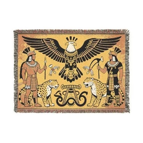 Aztec Eagle and Jaguar Warriors Woven Throw Blanket, 100% Cotton, Fringed Edges
