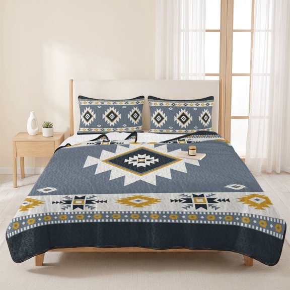 Aztec Ethnic Style 3 Pieces Quilt Set,1 Quilt with 2 Shams,Abstract Geometric Color Block Bedspread Soft Lightweight Bedding Coverlet Comforter Set for All Season 96"x106"