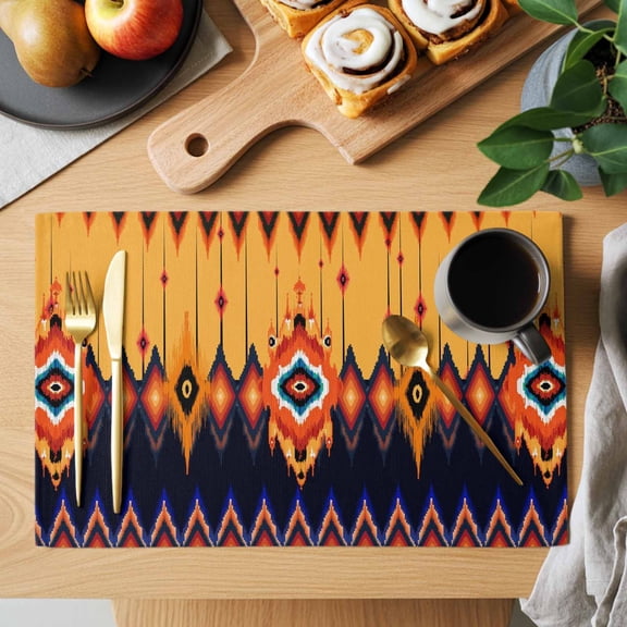 Aztec Ethnic Style Placemats Set of 1, Orange Black Argyle Geometric Texture Heat Insulated Linen Place Mats, Washable Stain-Proof Table Mats for Dining Tables Holiday Decor 13x19 Inches