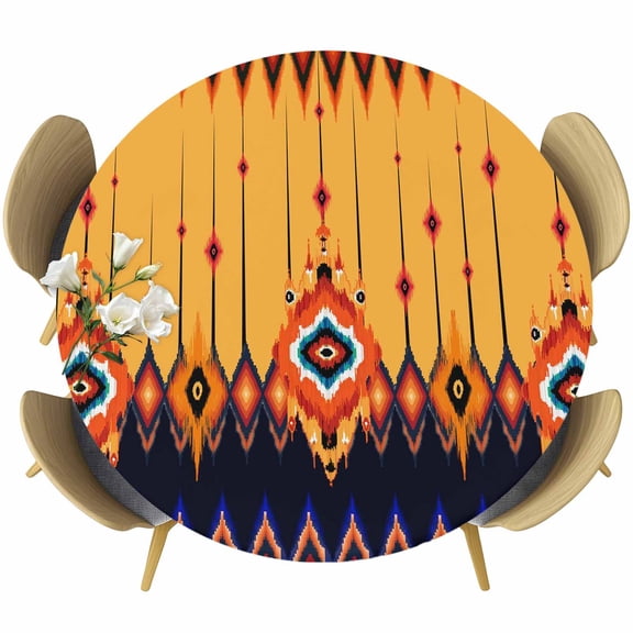 Aztec Ethnic Style Round Fitted Tablecloth with Elastic Edge, Orange Black Argyle Geometric Texture Stretch Table Covers for 36"-44" Tables Wipeable Table Cloth for Outdoor