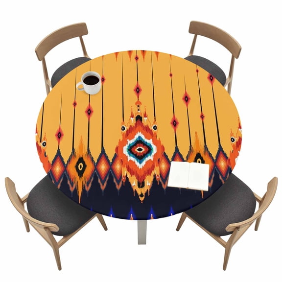 Aztec Ethnic Style Round Fitted Tablecloth with Elastic Edge Orange Black Argyle Geometric Texture Table Cover Fit for 36"-44" Tables Waterproof Tablecloths for Dinner Camping Picnic