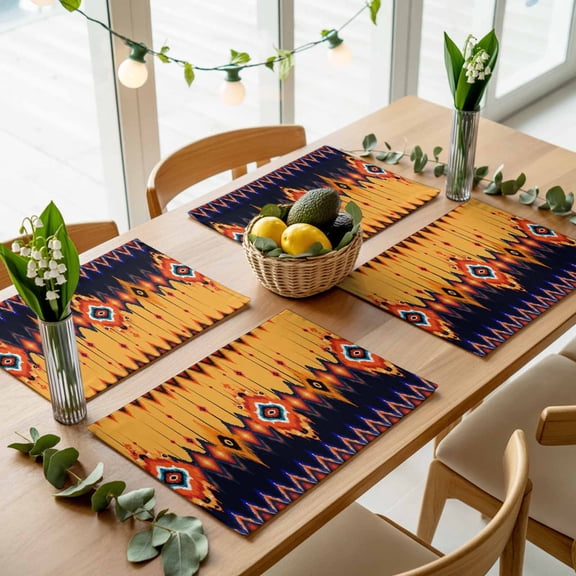 Aztec Ethnic Tribal Texture Art Placemats Set of 4,Wipeable Washable Table Mats for Dining Tables, Native African Abstract Pattern Place Mats for Kitchen Event Party Tabletop Decor