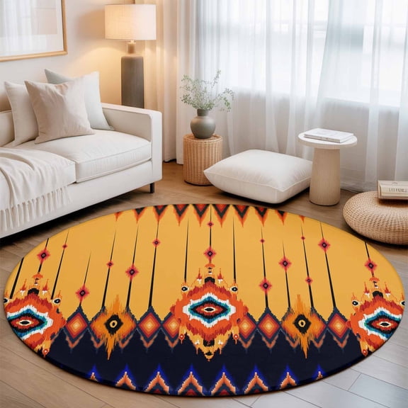 Aztec Ethnic Tribal Texture Art Round Rug 5ft Native African Abstract Pattern Washable Area Rugs for Living Room Bedroom Entryway Non Slip Entrance Door Mat Indoor Floor Carpet