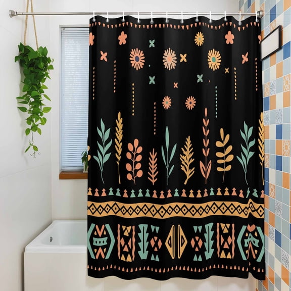 Aztec Ethnic Tribal Texture on Black Shower Curtain for Bathroom, Flower Leaves Stripe Triangle Waterproof Shower Curtains Washable Quick Dry with Hooks Bathtub Curtains 36x72IN