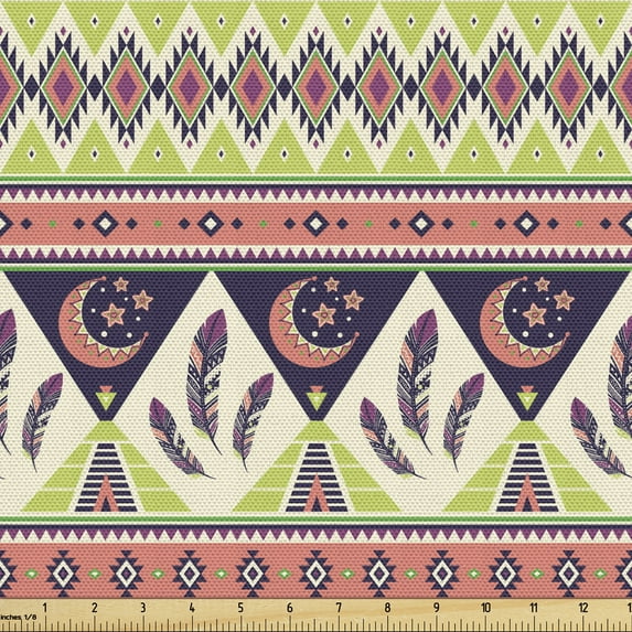 Ambesonne Aztec Fabric by the Yard Upholstery, Crescent Stars and Feathers, 3 Yards, Multicolor