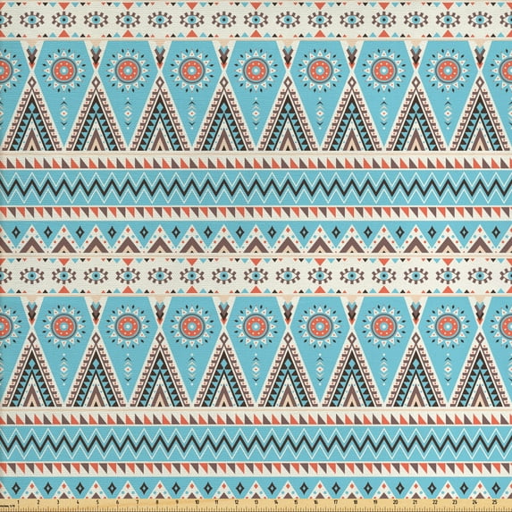 Ambesonne Aztec Fabric by the Yard Upholstery, Geometric Themed Striped Art, 3 Yards, Champagne Pale Sky Blue