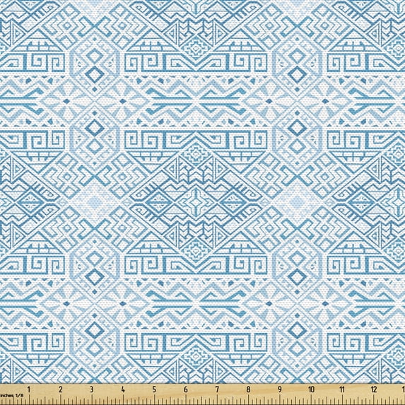 Ambesonne Aztec Fabric by the Yard Upholstery, Monotone Bohemian Composition, 1 Yard, Sea Blue Pale Sky Blue