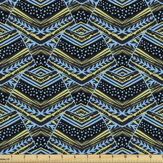 Ambesonne Aztec Fabric by the Yard Upholstery, Striped Floral Geometric Art, 1 Yard, Pale Green Sky Blue