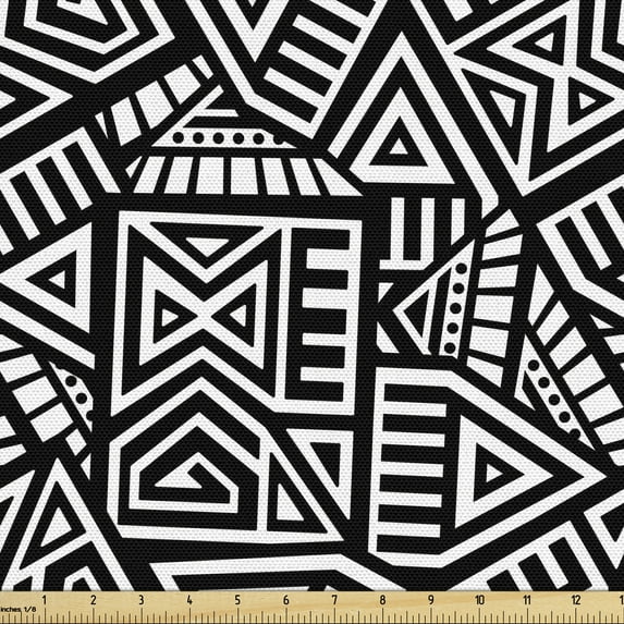 Ambesonne Aztec Fabric by the Yard Upholstery, Boho Folk Geometric Maze, 5 Yards, Black and White