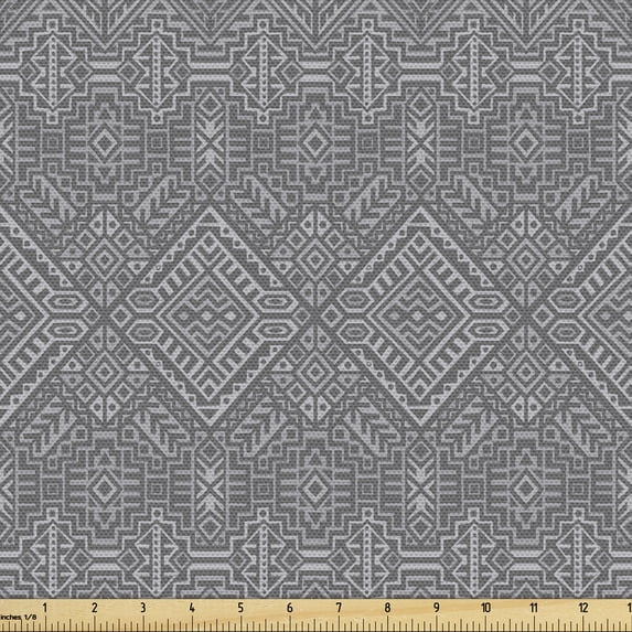 Ambesonne Aztec Fabric by the Yard Upholstery, Symmetric Greyscale Motifs, 1 Yard, Pale Grey and Dimgray