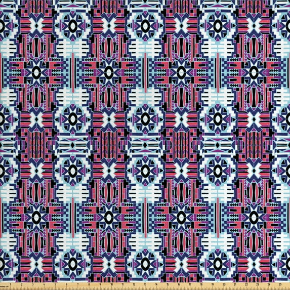Ambesonne Aztec Fabric by the Yard Upholstery, Rhythmic Modernized Tribal, 2 Yards, Coral Purple