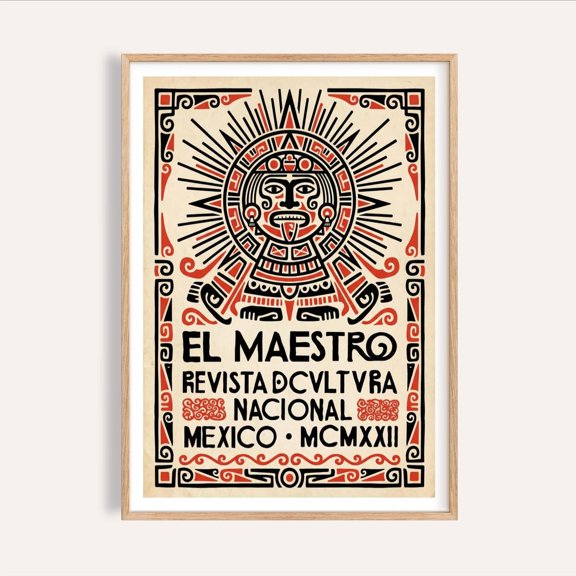 Aztec Face Wall Art Print, Stylized Mexican Cultural Graphic In Red Black And Beige