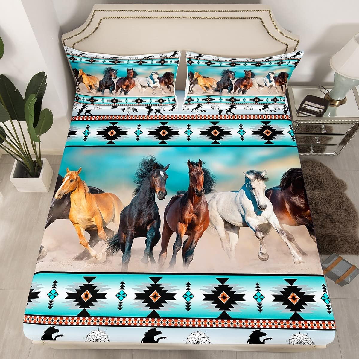 Aztec Fitted Sheet African Tribal Horse Printed Bedding Sets,Farm