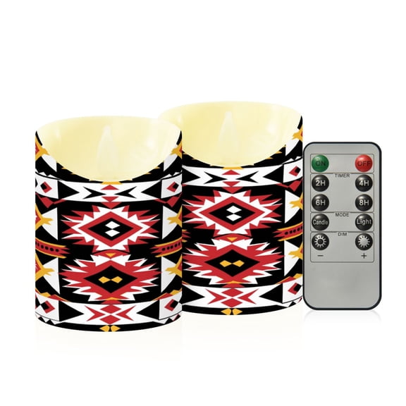 Aztec Geometric Abstract Pattern Flameless Candles 2 PCS with Remote Realistic Moving Flame LED Tapered Pillar Set for Home Decor