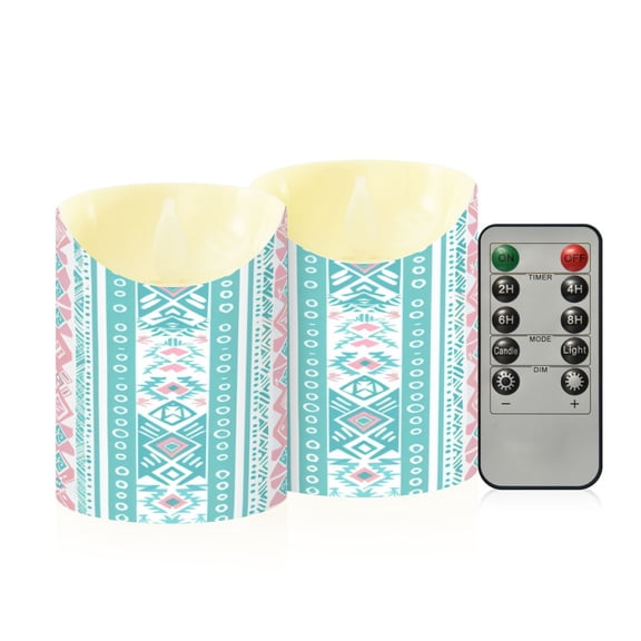 Aztec Geometric Abstract Pattern Flameless Candles 2 PCS with Remote Realistic Moving Flame LED Tapered Pillar Set for Home Decor