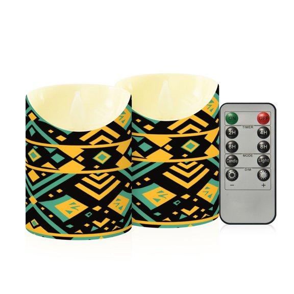 Aztec Geometric Abstract Pattern Flameless Candles 2 PCS with Remote Realistic Moving Flame LED Tapered Pillar Set for Home Decor