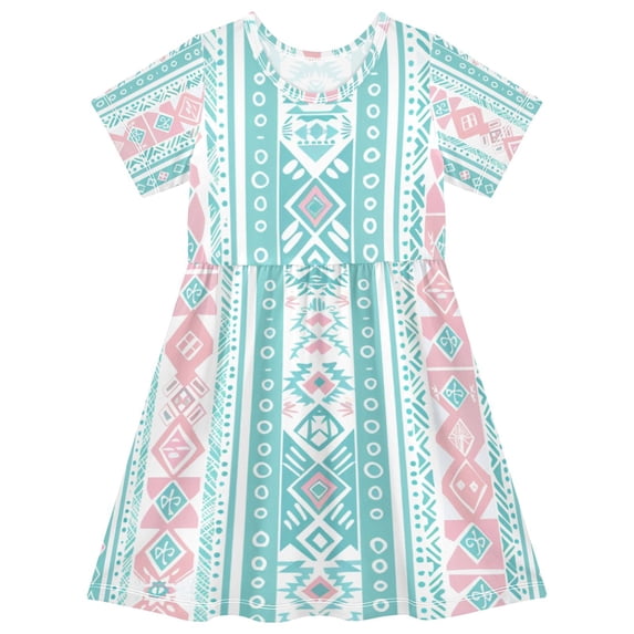 Aztec Geometric Abstract Pattern Girls Short Sleeve Dress A Line Sun Protection Breathable Comfort Sundress 5-6T