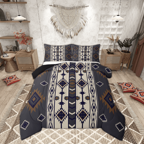 Aztec Geometric Comforter Set Queen,Vintage Western Boho Bedding Set Southwestern Tribal Bedding Comforter Sets Adults Men American Quilt Duvet Black Brown