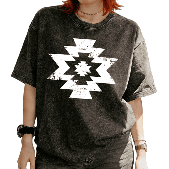 Aztec Geometric Graphic Casual Tees T-shirt Distressed Tribal Symbols Tops Round Neck Black S-2XL Plus Size