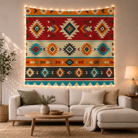 Aztec Geometric Pattern in Horizontal Bands, Warm Boho Folk Art for Southwest Decor Lovers, Ethnic Wall Art Decor, Housewarming Gift Tapestry Wall Hanging for Living Room and Bedroom