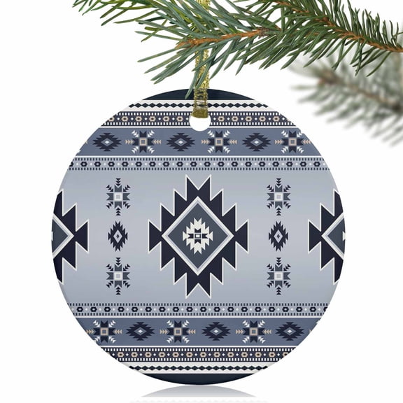 Aztec Geometric Southwest Wind Christmas Ceramic Ornament 2025,3" Round Xmas Tree Hanging Accessories with Gold Ribbon