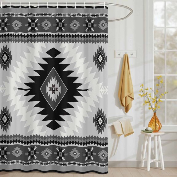 Aztec Gray Geometric Pattern Shower Curtain Set, Waterproof Shower Curtains With Grommet Hooks, Boho Abstract Ethnic Art Privacy Bathroom Curtain for Bathtub 72x72IN