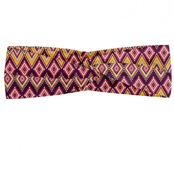 Aztec Headband, Colorful Native Pattern of Rhombus Inspired Ornamented Dots, Elastic and Soft Women's Bandana for Sports and Everyday Use, Grey Red Coconut, by Ambesonne