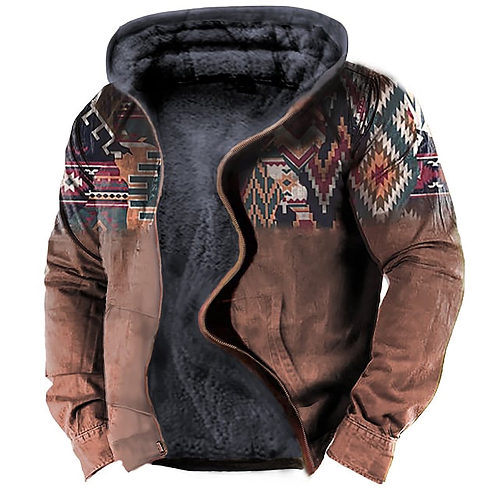 Aztec Hooded Jacket for Men,Western Aztec Graphic Hoodies Sherpa Lined ...
