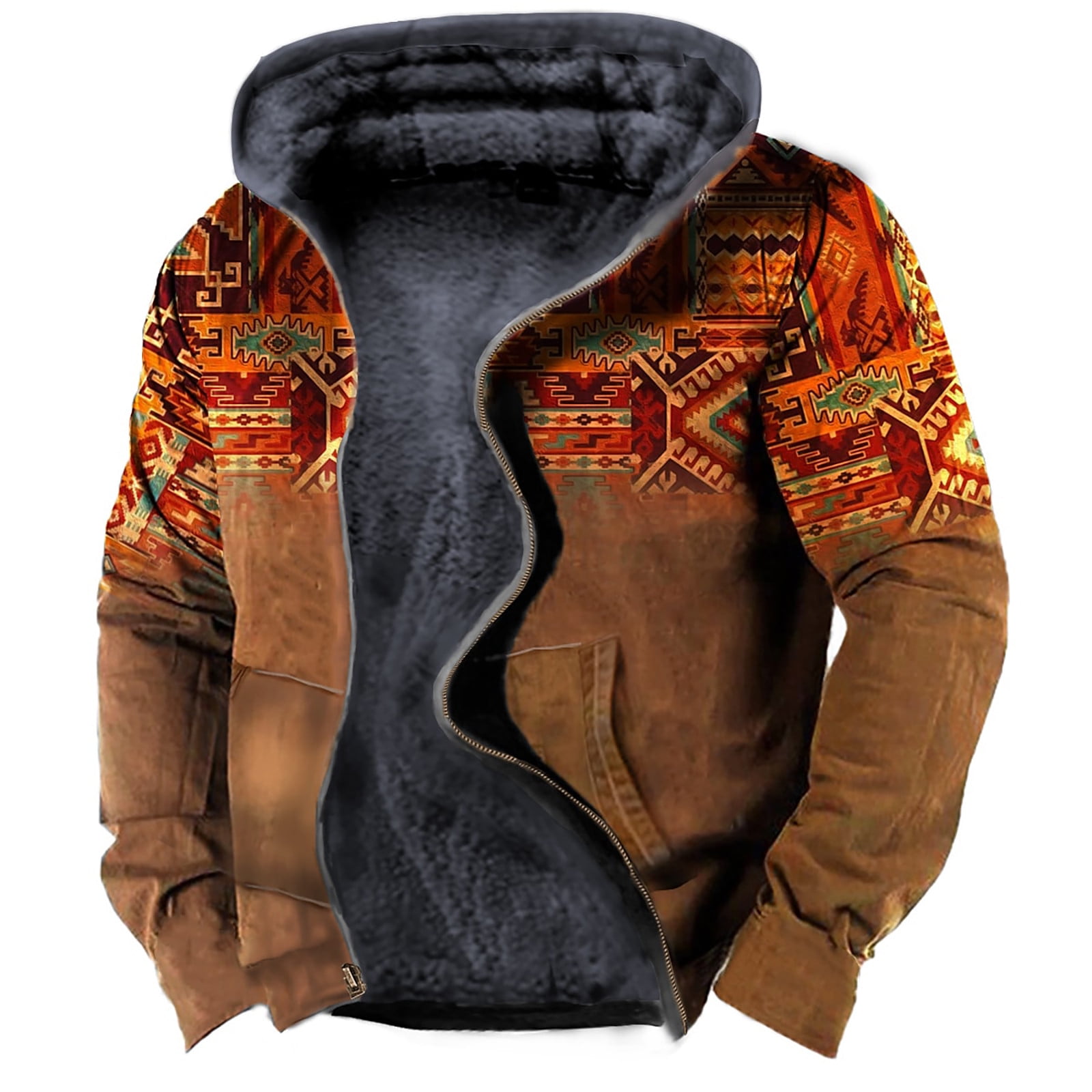 Aztec Hooded Jacket for Men,Western Aztec Graphic Hoodies Sherpa Lined