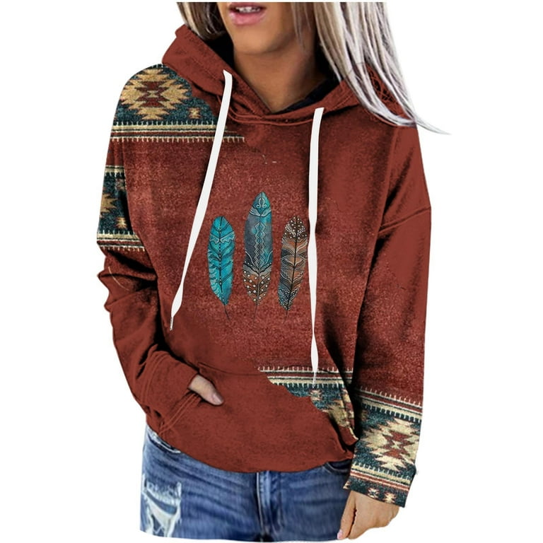Aztec Hoodie for Women,Womens Western Aztec Ethnic Style Hoodies Geometric  Print Long Sleeve Drawstring Sweatshirts Pullover