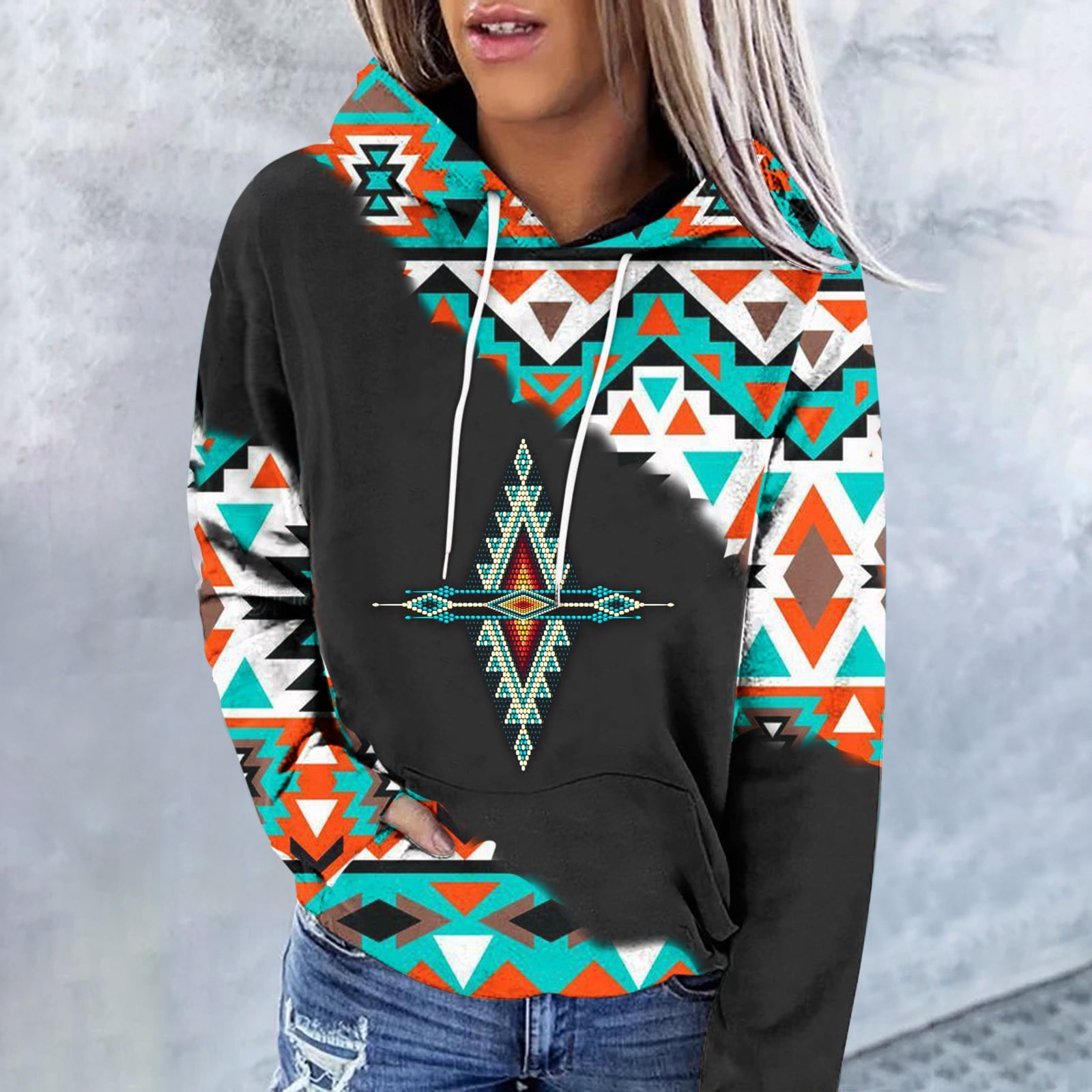 Aztec Hoodies for Women,Womens Aztec Hoodies Pullover,Womens Aztec Hoodie  Geometric Print Sweater Long Sleeve Color Block Pullover Drawstring