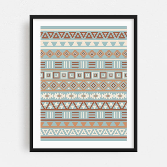 Aztec Influence Pattern Blue Cream Terracottas - Digital Art Pattern Geometric Boho Abstract Vintage Black Framed Wall Art Print 18 x 24 inches