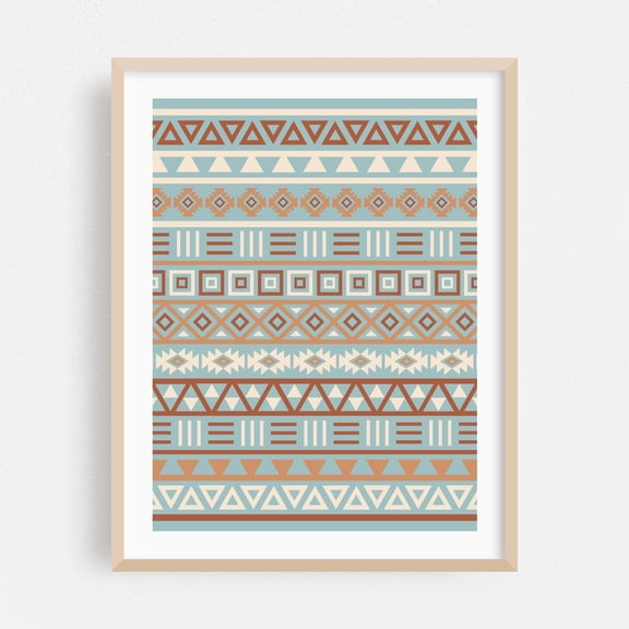 Aztec Influence Pattern Blue Cream Terracottas - Digital Art Pattern Geometric Boho Abstract Vintage Oak Framed Wall Art Print 5 x 7 inches