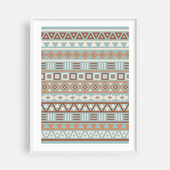 Aztec Influence Pattern Blue Cream Terracottas - Digital Art Pattern Geometric Boho Abstract Vintage White Framed Wall Art Print 18 x 24 inches