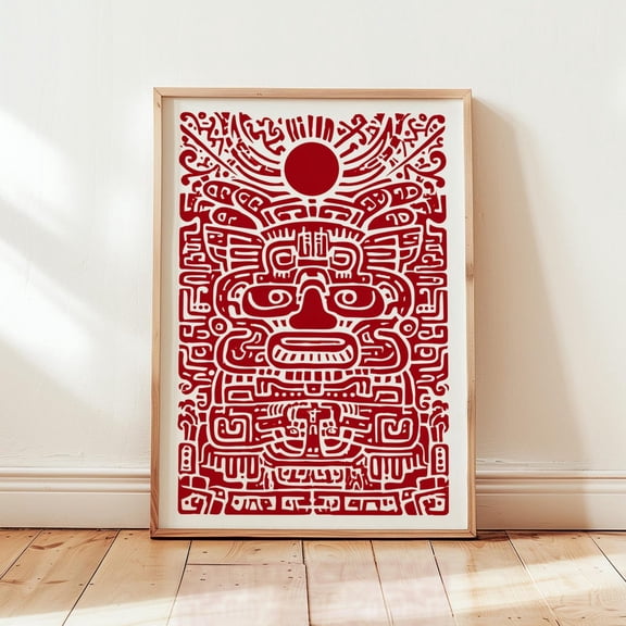 Aztec Inspired Wall Decor Tribal Sun Bold Red Abstract Ethnic Artwork Boho Cultural