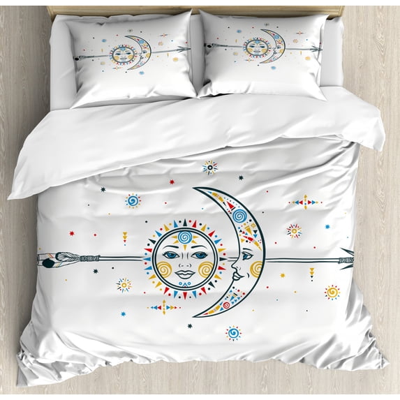 Aztec King Size Duvet Cover Set, Ethnic Aztec Moon Sun with Spiral Vortex Stars Figures Occult Art Theme Image Print, Decorative 3 Piece Bedding Set with 2 Pillow Shams, Multicolor, by Ambesonne