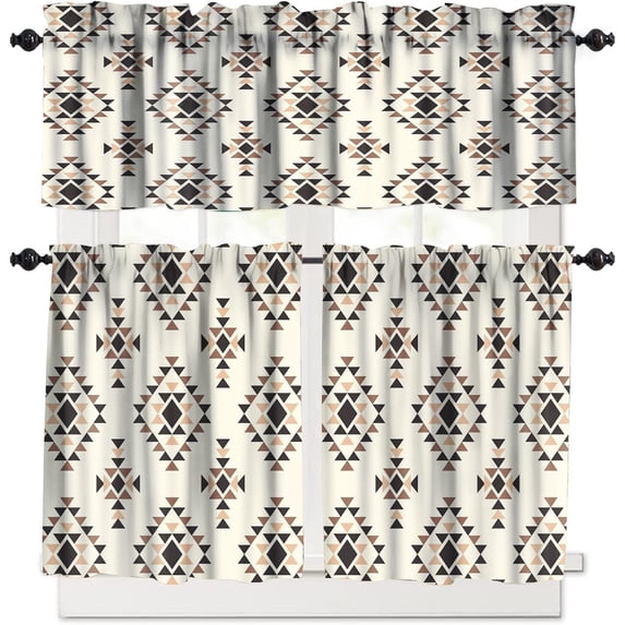 Aztec Kitchen Curtains Sets, Southwestern Native Tribal Valances for Kitchen Window,Boho Geometric Printed Short Curtains for Small Windows Cafe Living Room Bedroom, 54x24 Inch, 3 Piece