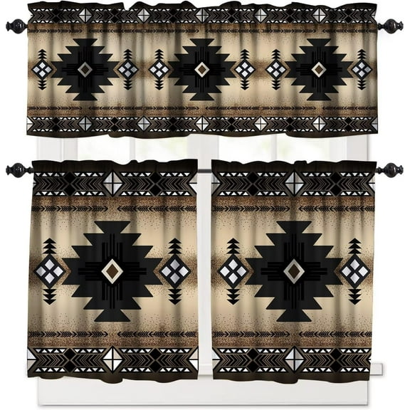 Aztec Kitchen Curtains Tiers and Valance Curtain Sets Southwestern Native Tribal Retro Decorative Cafe Curtains Set for Kitchen Living Room Bathroom 52x18 & 27x24x2, 3 Panel
