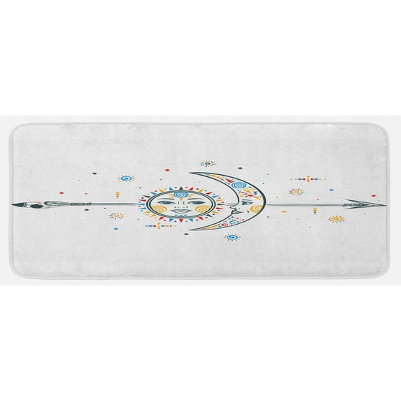 Aztec Kitchen Mat, Moon Sun Spiral Vortex Stars Occult Art Theme Image Print, Plush Decorative Kitchen Mat with Non Slip Backing, 47" X 19", Multicolor, by Ambesonne
