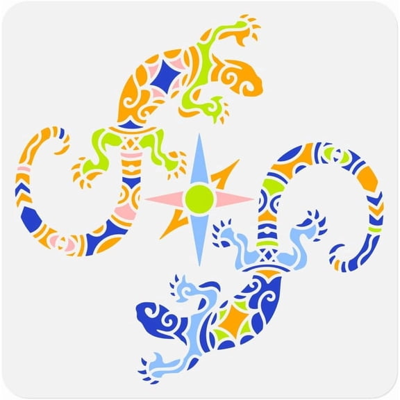 Aztec Lizards Wall Stencil 11.8x11.8 Inch Hollow Out Plastic Reusable Stencil for Painting on Wood Floor Wall and Fabric Animal Theme Template for DIY Craft Painting Colorful