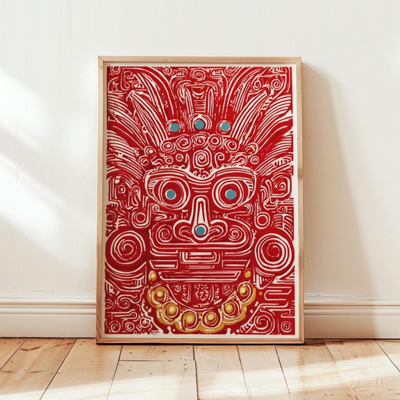 Aztec Mask Red Tribal Illustration Ancient Symbol Design Mexican Folk Cultural Portrait Decor