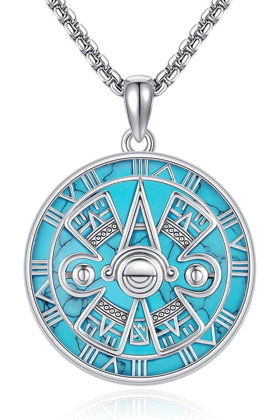 Aztec Mayan Calendar Necklace 925 Sterling Silver Abalone Shell/Turquoise/Obsidian Aztec Pendant Amulet Jewelry for Women Men