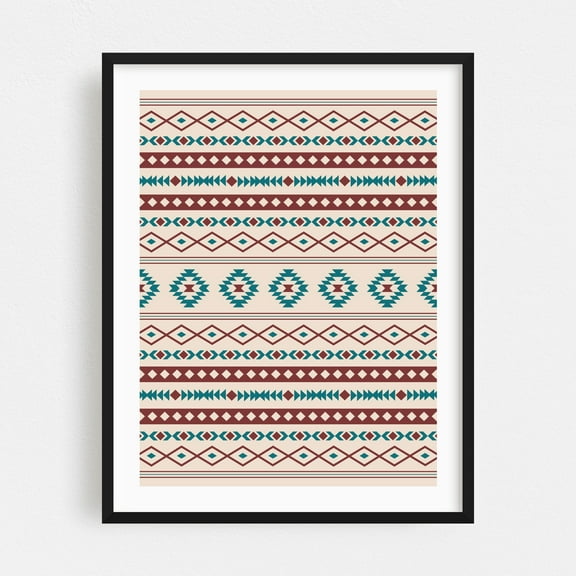 Aztec Mixed Motif Pattern Teal Red Cream - Digital Art Geometric Pattern Boho Abstract Minimalist Black Framed Wall Art Print 11 x 14 inches