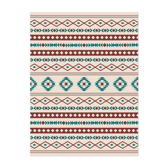 Aztec Mixed Motif Pattern Teal Red Cream - Digital Art Geometric Pattern Boho Abstract Minimalist Unframed Wall Art Print 5 x 7 inches