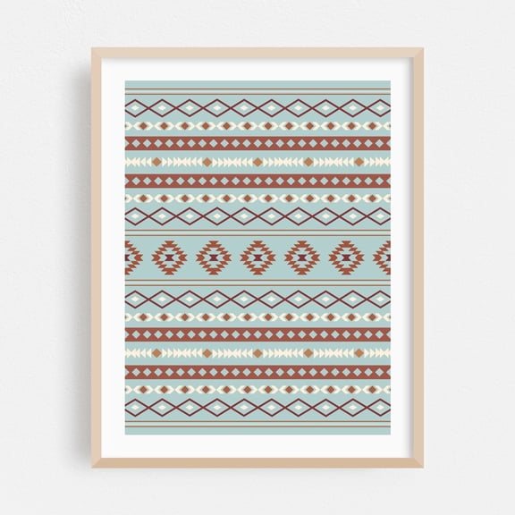 Aztec Mixed Motif Pattern Teal Red Cream - Digital Art Pattern Geometric Boho Abstract Vintage Retro Pastel Oak Framed Wall Art Print 5 x 7 inches