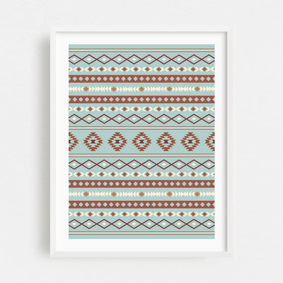 Aztec Mixed Motif Pattern Teal Red Cream - Digital Art Pattern Geometric Boho Abstract Vintage Retro Pastel White Framed Wall Art Print 8 x 10 inches
